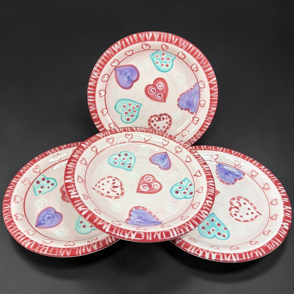 World Market Heart Deep Dish Bowl Set of 4 Red Purple Teal Ceramic 8 Inch Dishes
